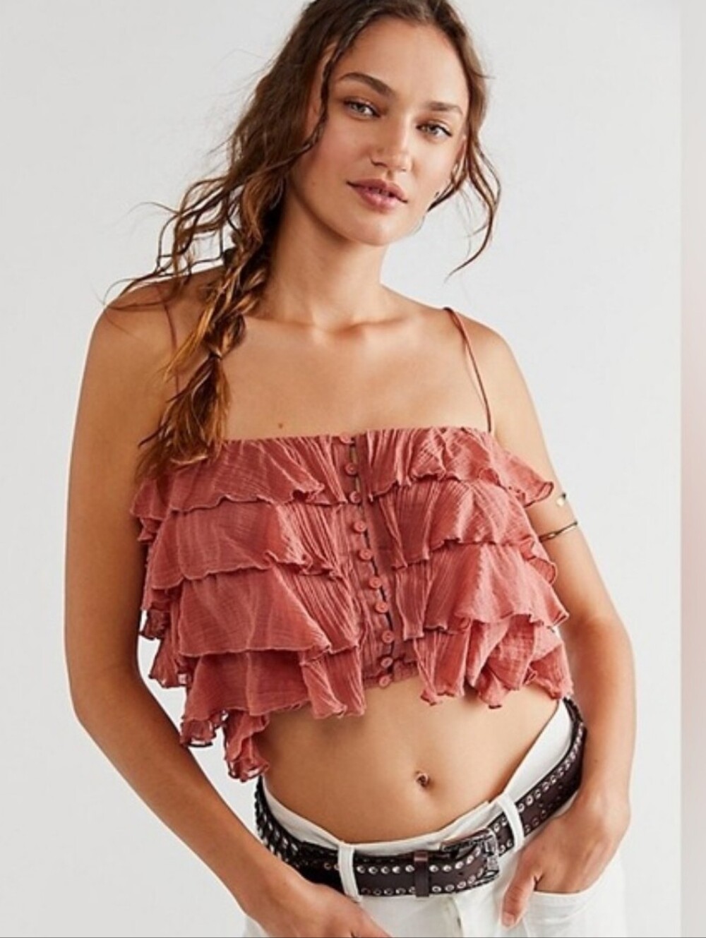 Free People FP One Fauna Tank Cami Cropped Ruffled Blouse Top Camisole